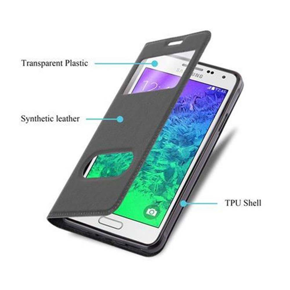 Funda de teléfono de cuero sintético gris con ventana transparente.