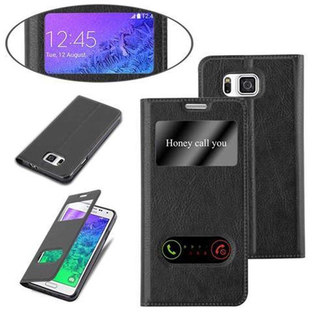 Funda de teléfono negra con ventana, muestra pantalla de llamada.