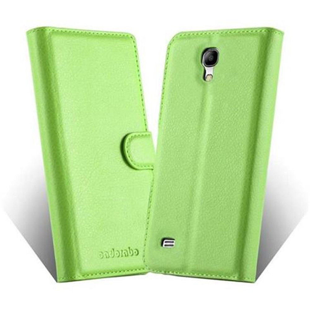 Custodia in pelle verde chiaro per smartphone, mostrata aperta.