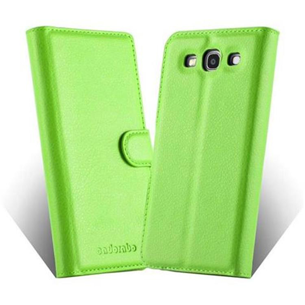 Ein hellgrünes Handycover, das sich wie ein Buch öffnet, mit Kameraaussparung.