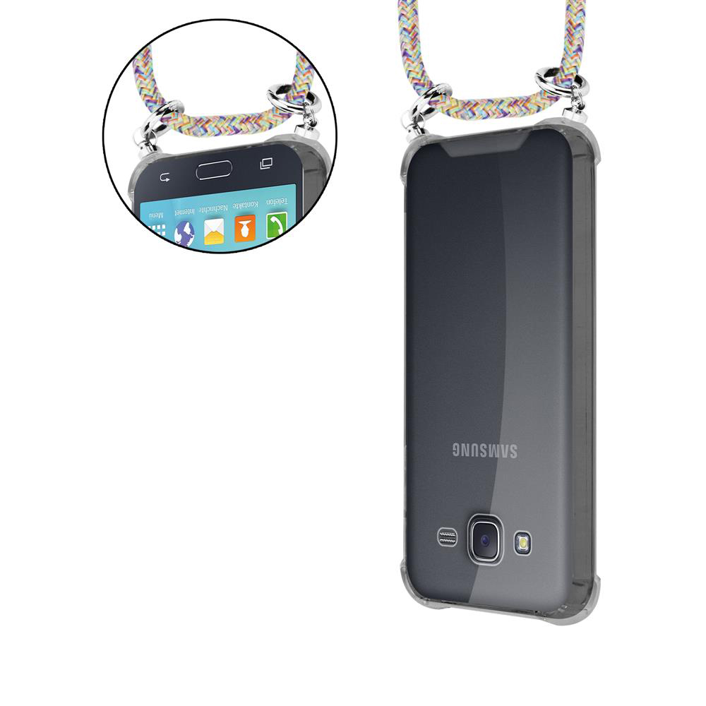 Ein durchsichtiger Handy-Schutz mit buntem Trageband