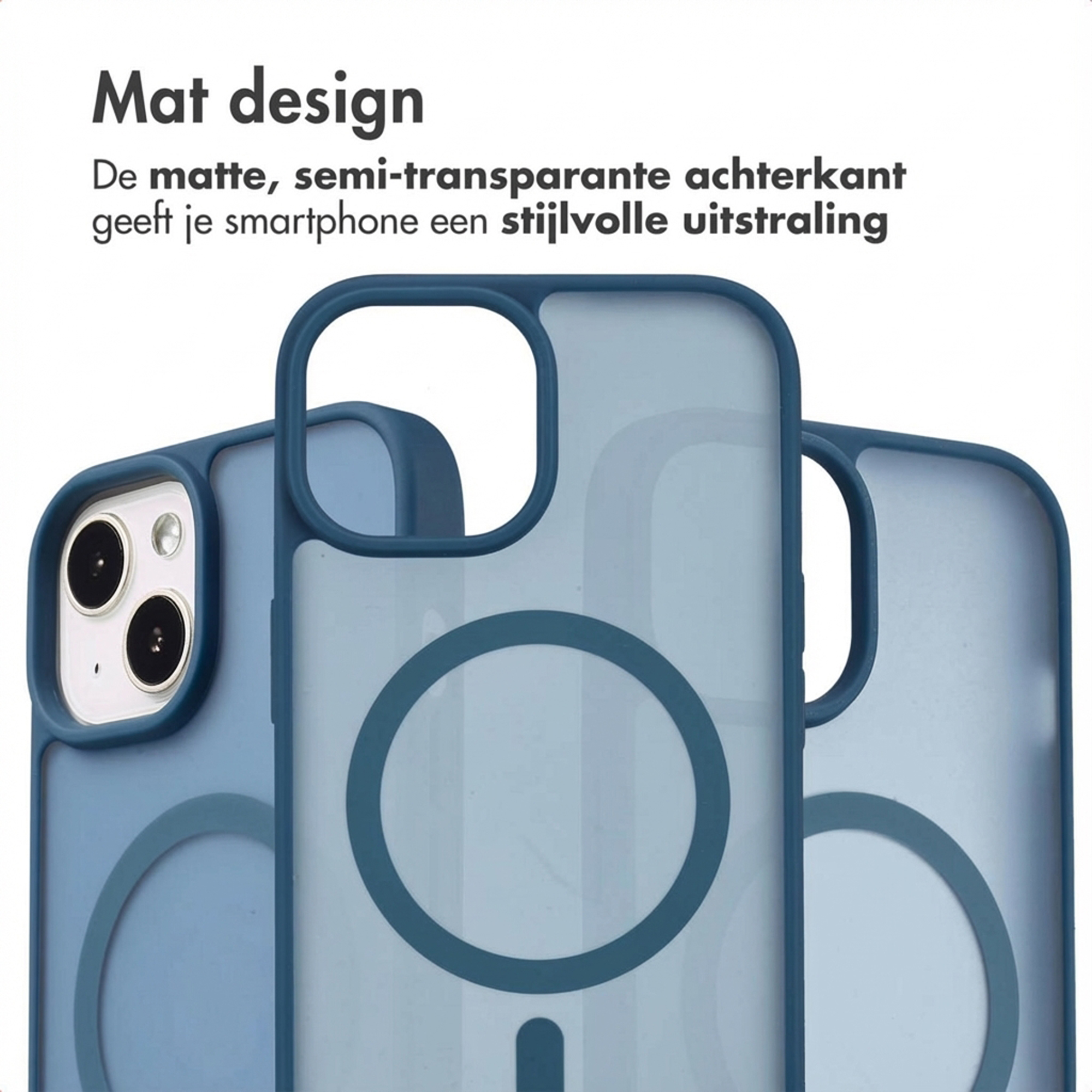 Trois coques de téléphone bleues, semi-transparentes et mates avec découpes.