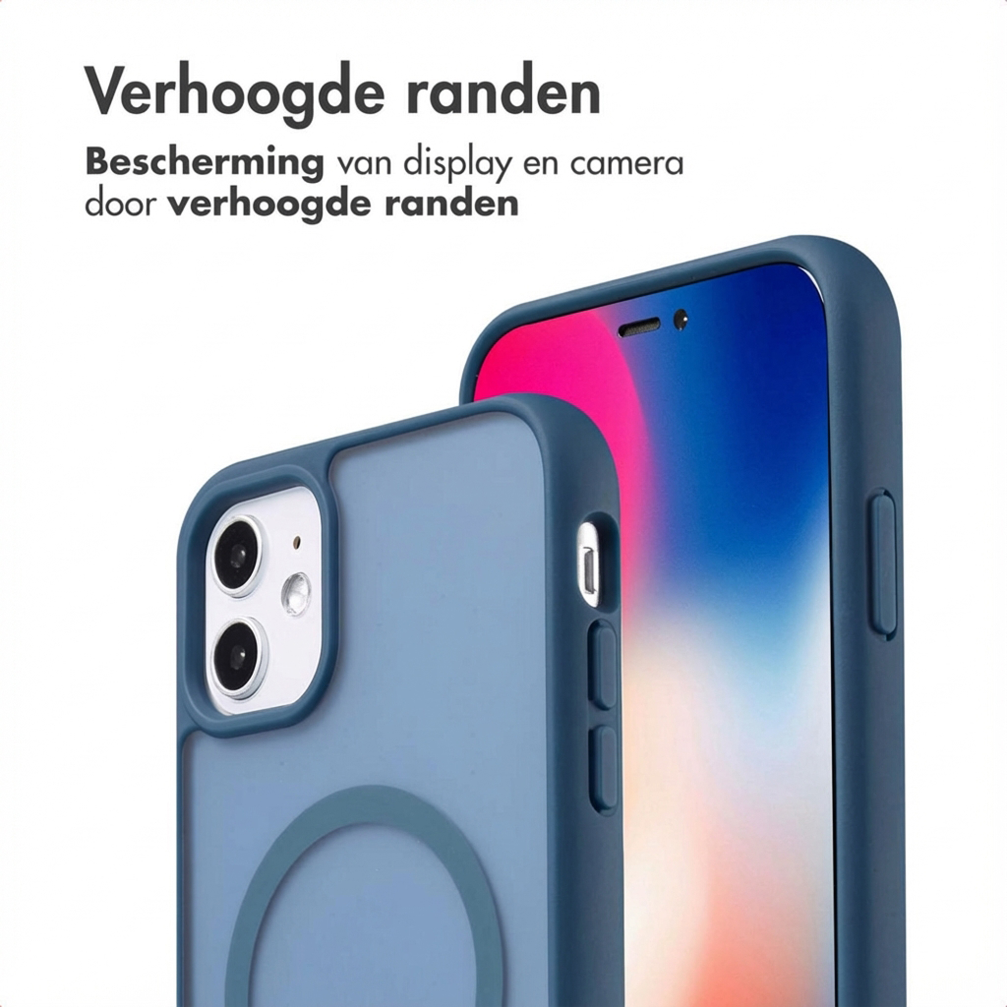 Une coque bleue protège un smartphone avec appareil photo et écran.