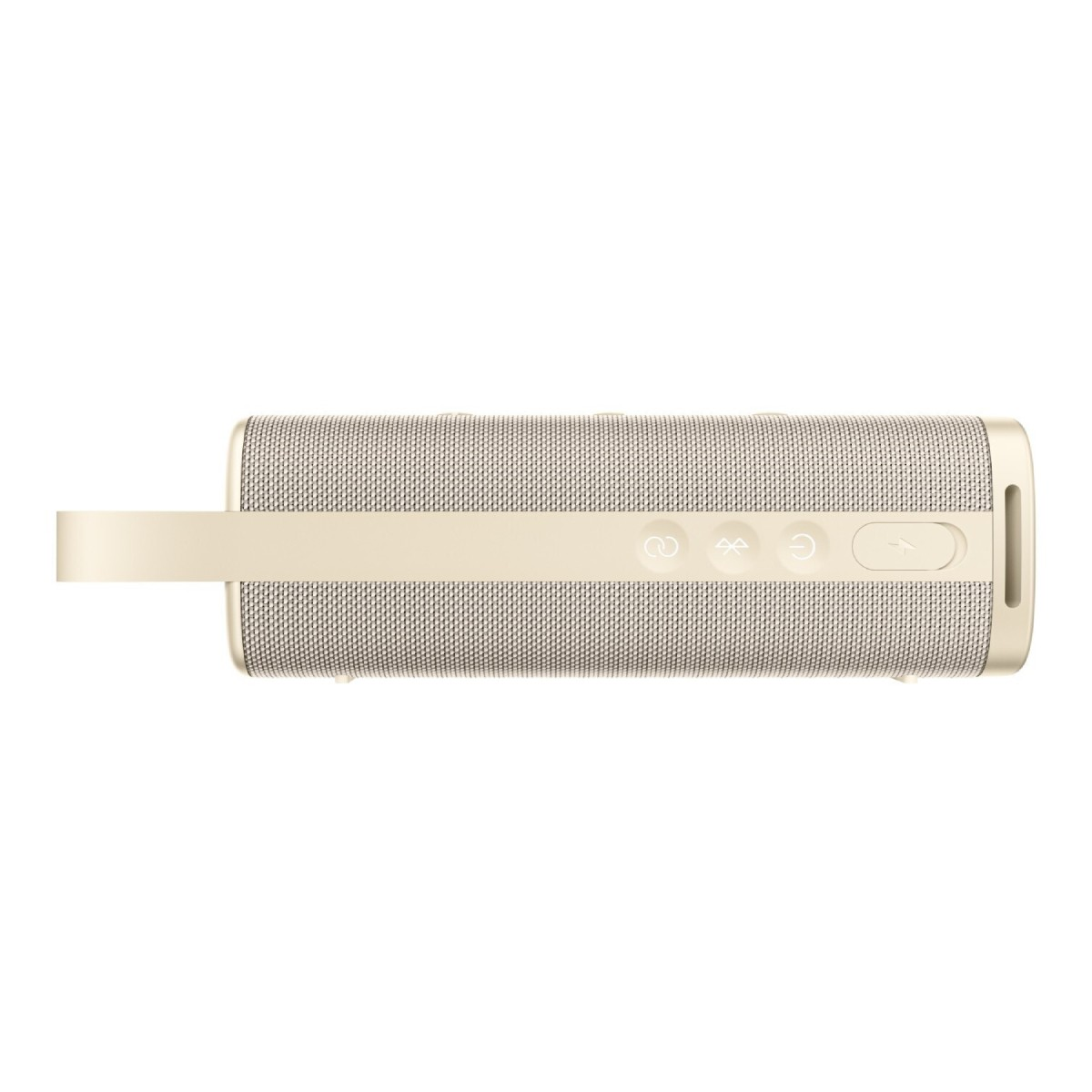 Un altoparlante cilindrico beige con pulsanti di controllo e un anello.