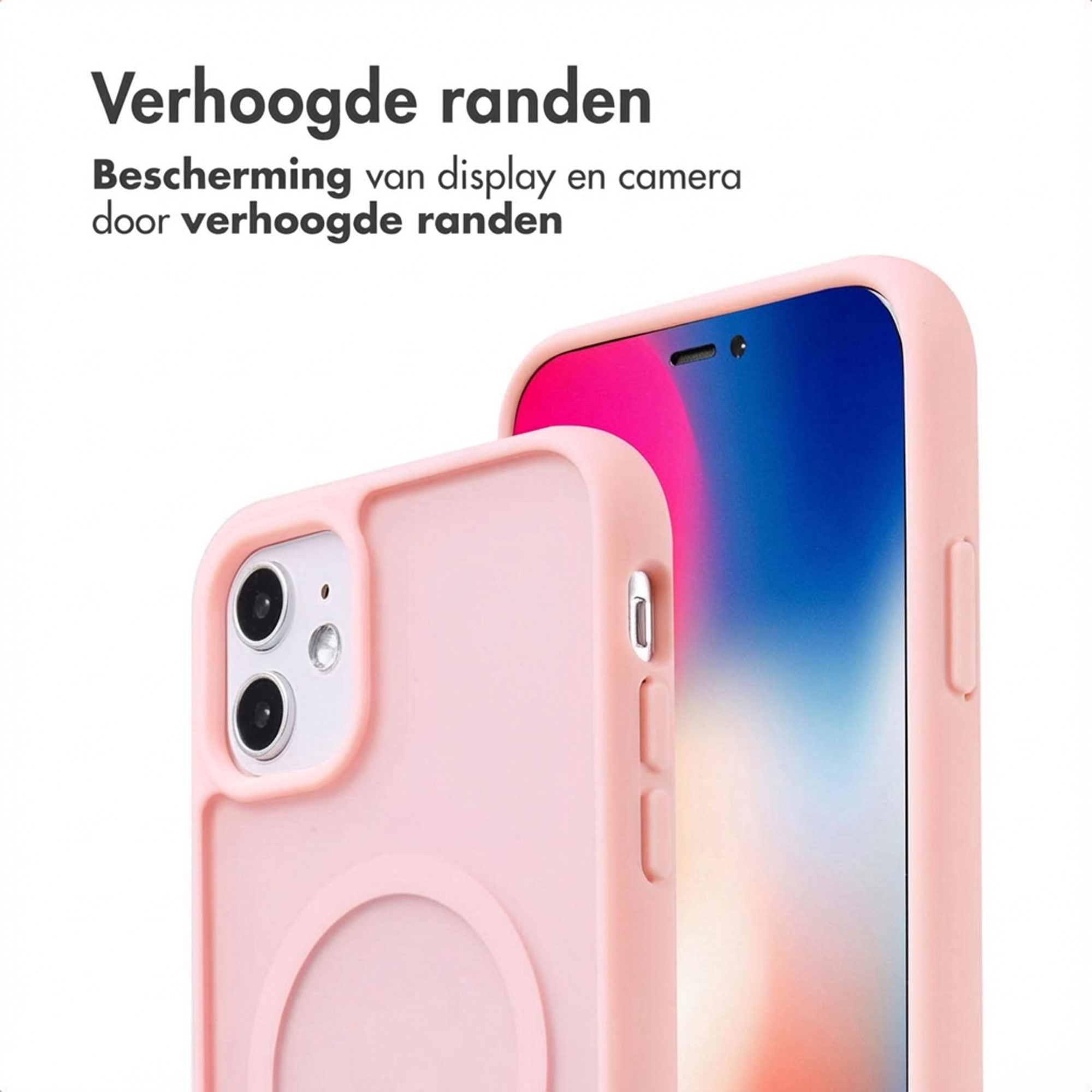Een roze telefoonhoes met verhoogde randen beschermt het scherm en de camera.