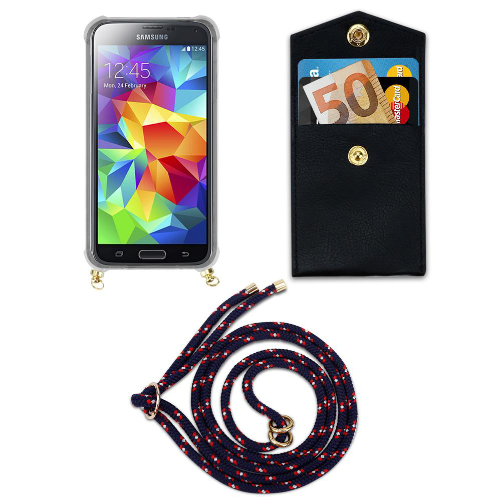 Smartphone con custodia, portafoglio con soldi e carte, e cordino.