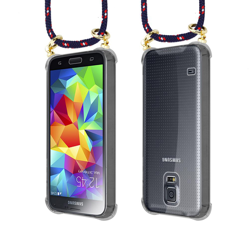 Smartphone con schermo colorato e cinturino, viste frontale e posteriore.