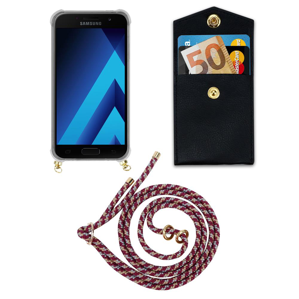 Smartphone in custodia, portafoglio con soldi e carte, e cordino.