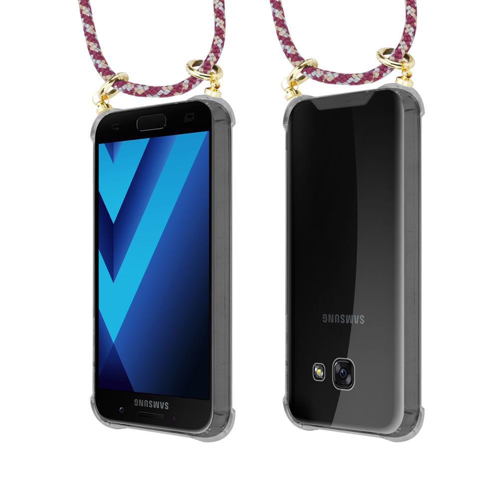 Vista frontale e posteriore di uno smartphone in custodia trasparente con cordino.