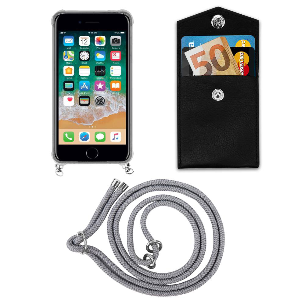 Uno smartphone in custodia, un portafoglio nero con soldi e carte, e un laccetto grigio.