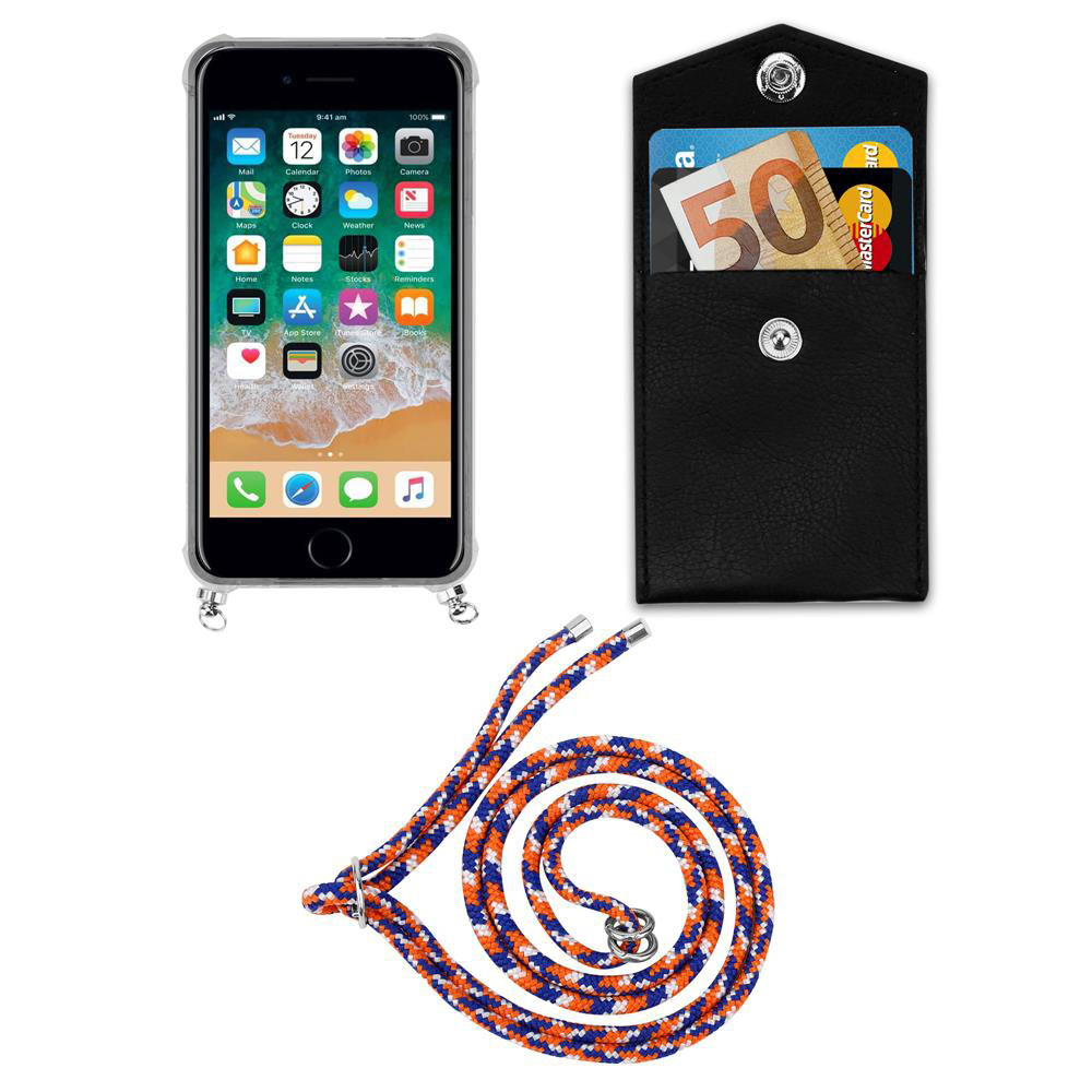 Uno smartphone, una custodia nera con soldi e carte, e un cordino.