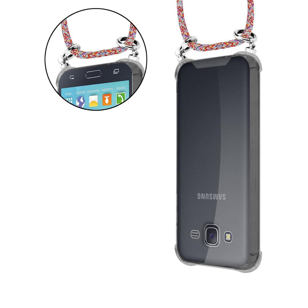 Ein durchsichtiges Handy mit einem bunten Trageriemen, das Samsung-Logo ist sichtbar.