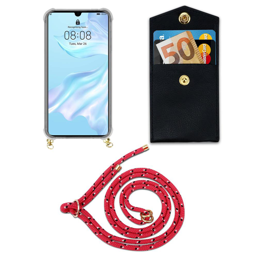 Smartphone con custodia, portafoglio con carte e banconota, corda rossa.