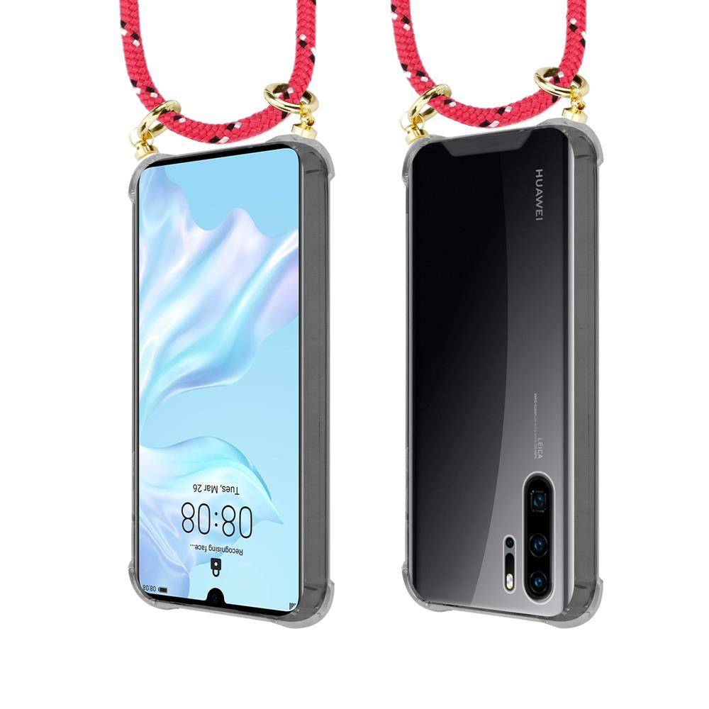 Un Huawei in custodia con cordino rosso, viste frontale e posteriore.