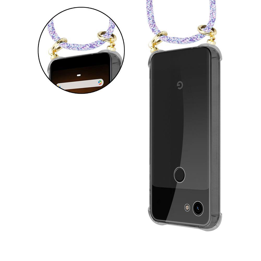 Ein schwarzes Smartphone mit transparentem Gehäuse und Lanyard.