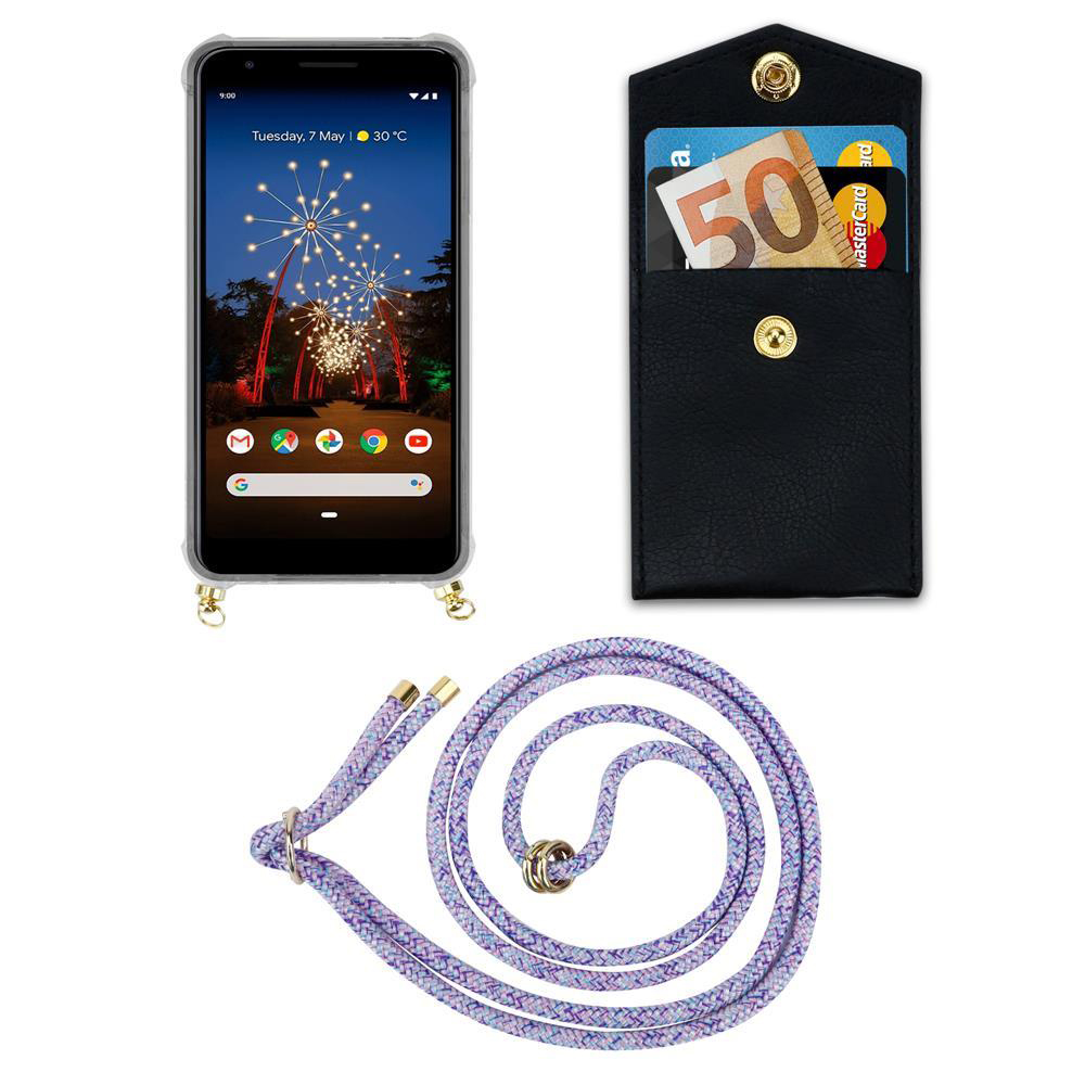 Ein Smartphone mit bunter Lichterkette, eine schwarze Kartenhaltertasche und eine Lanyard.