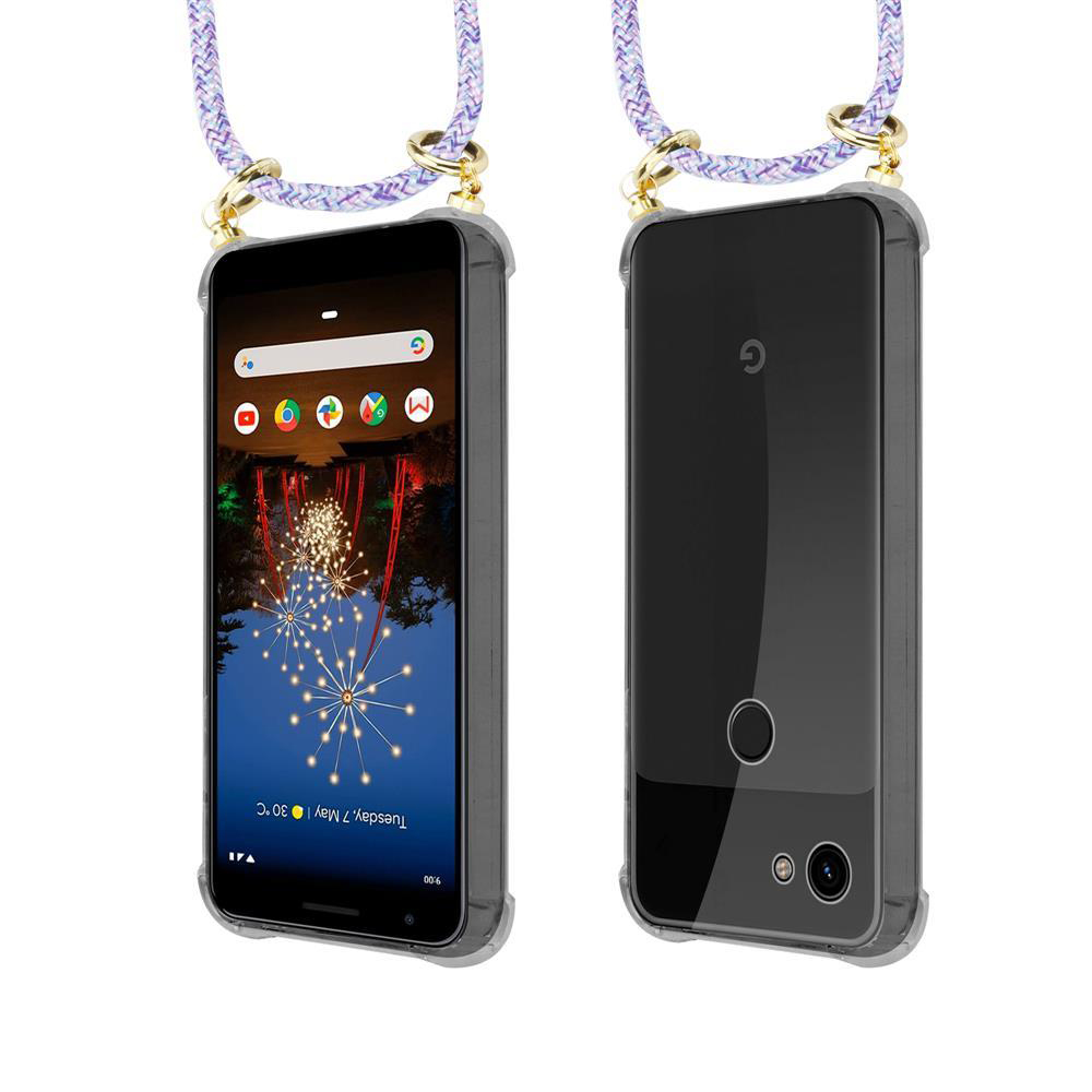 Zwei Ansichten eines Smartphones mit einem durchsichtigen Gehäuse und einer bunten Lanyard-Schlaufe.