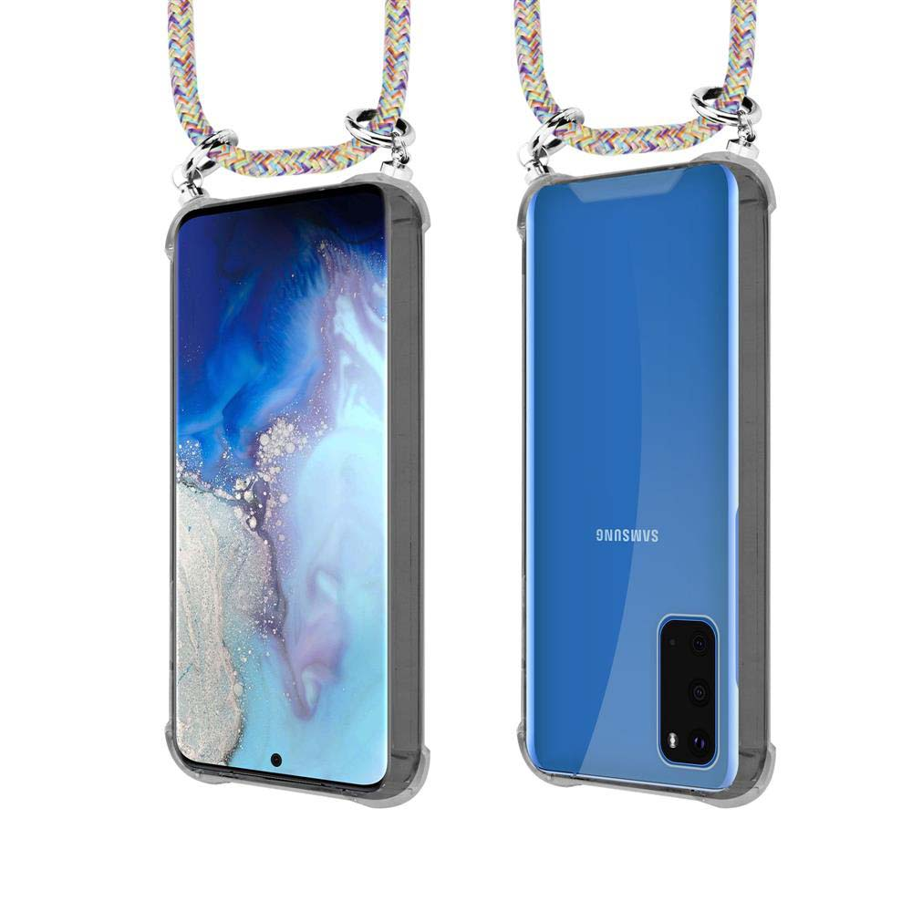 Due smartphone in custodie trasparenti con cordini colorati, sfondo bianco.
