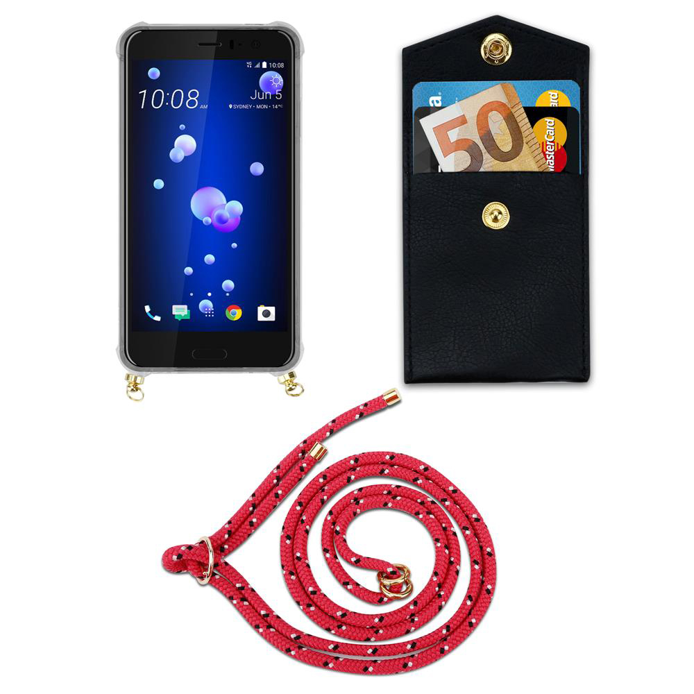 Ein Smartphone mit einer Hülle, eine schwarze Brieftasche mit Karten und Geld und eine rote Kordel.