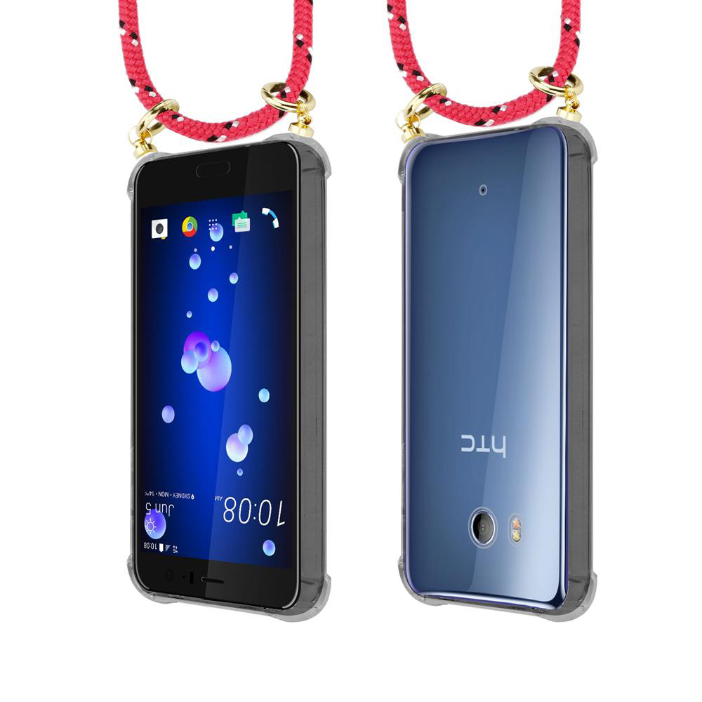 Zwei HTC-Smartphones mit roten Lanyards, eines mit offenem Bildschirm, das andere mit Rückseite.