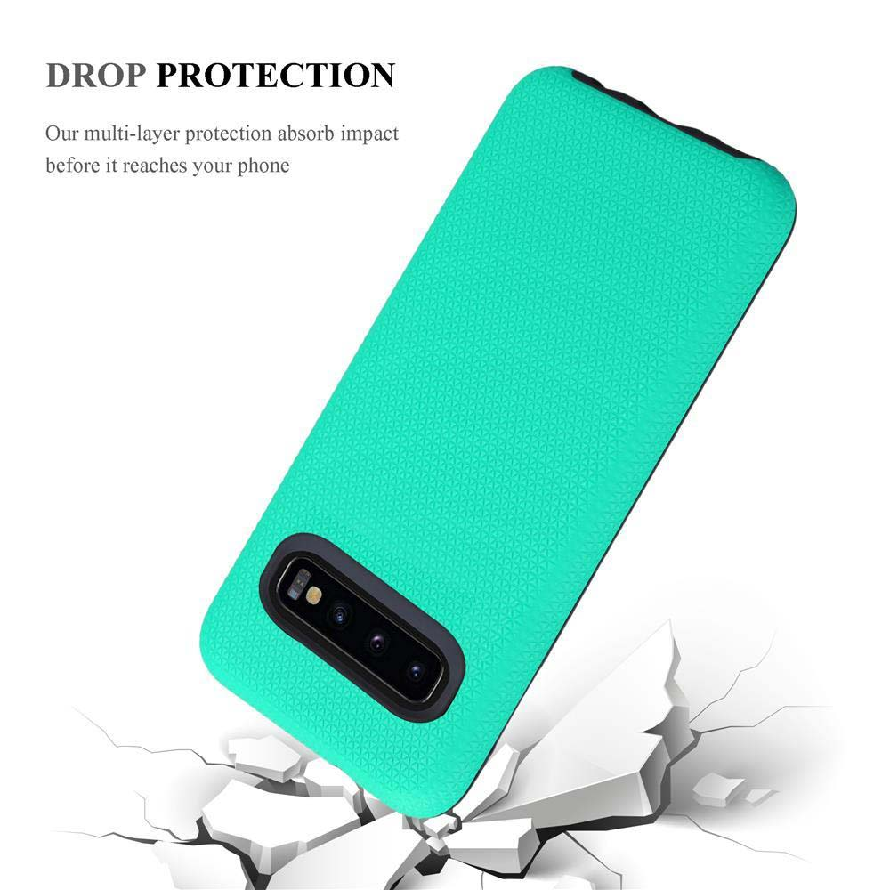 Cover del telefono turchese con motivo che cade su terreno screpolato.