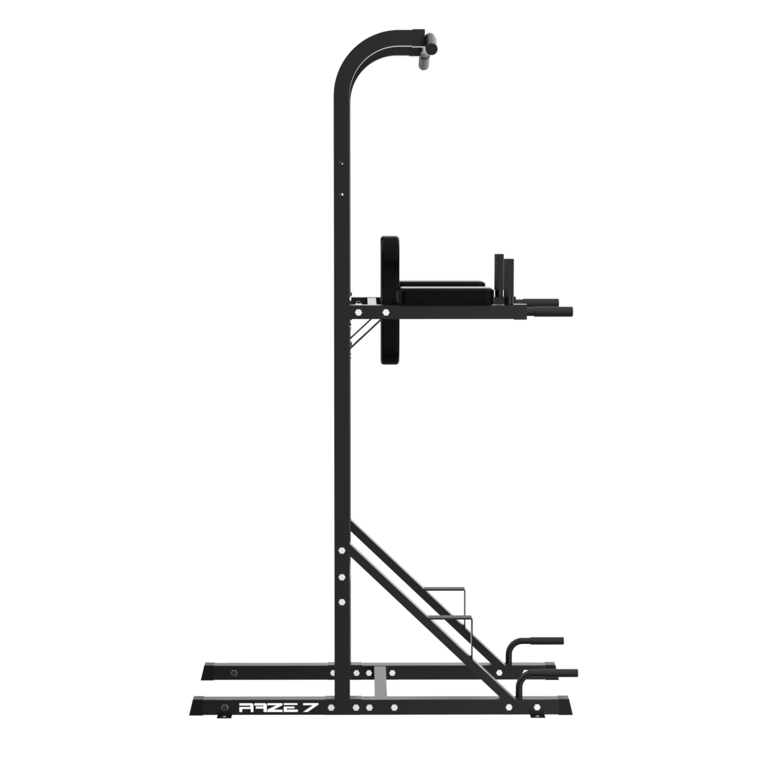 Een zwarte, multifunctionele fitnesstoren met dipstation en optrekstang.