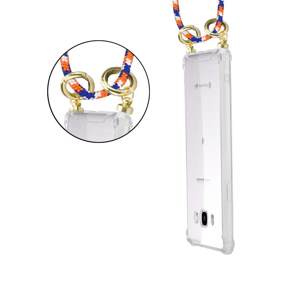 Custodia trasparente per telefono con cordino blu e arancione e clip dorate.