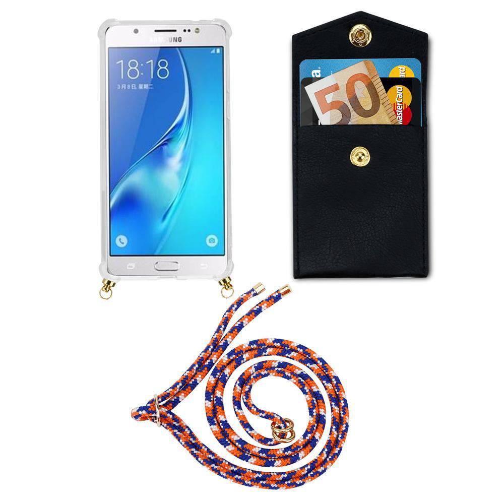Smartphone bianco con custodia, tasca nera con soldi e carte, cordino arancione e blu.