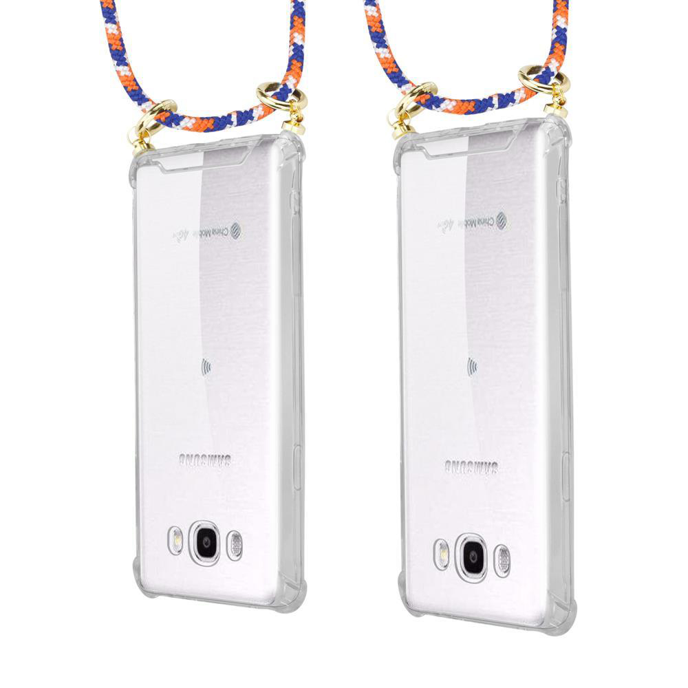 Due custodie trasparenti con cordini colorati attaccati a telefoni Samsung.