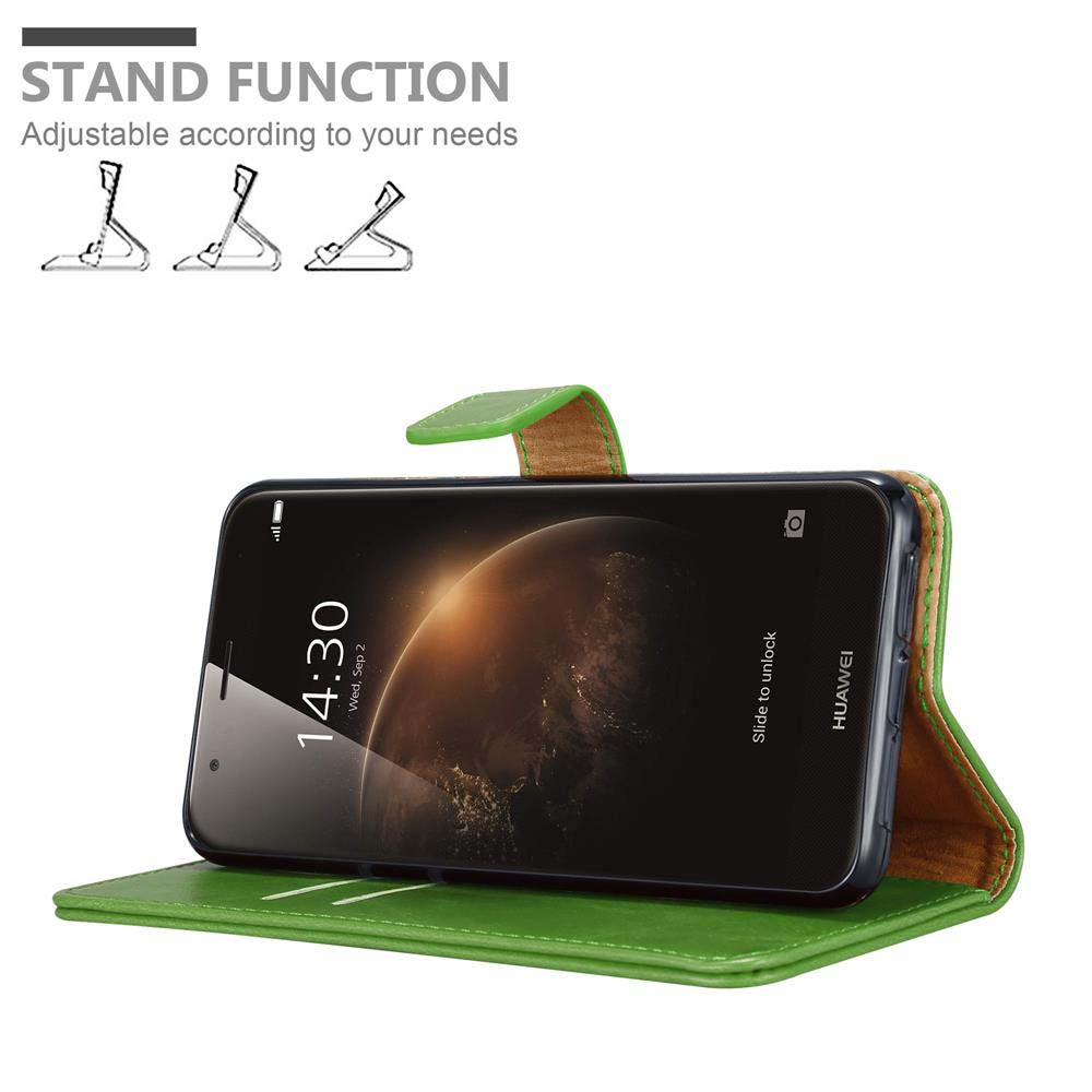 Custodia verde per telefono con funzione stand. Mostra le 14:30.