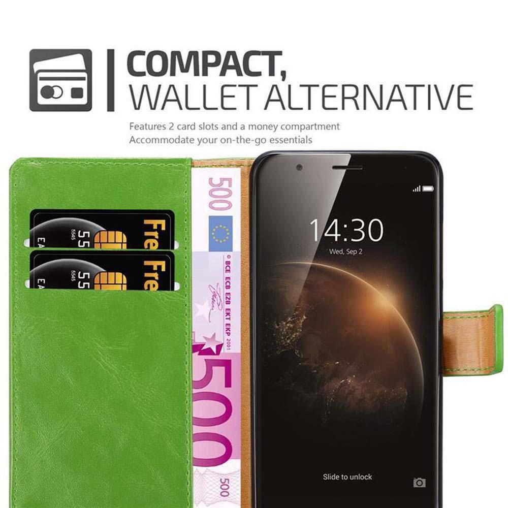 Portafoglio verde con telefono, 2 slot per carte e banconota da 500€.