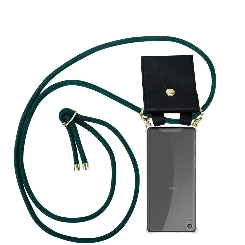 Schwarze Handytasche mit Kordel und goldener Schnalle.