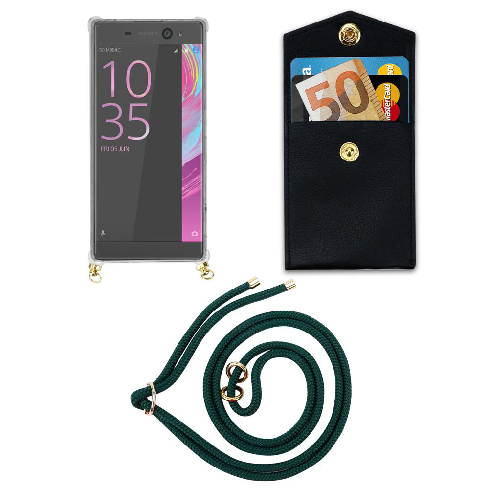 Ein Smartphone, eine schwarze Brieftasche mit Geld und Karten sowie eine grüne Kordel.
