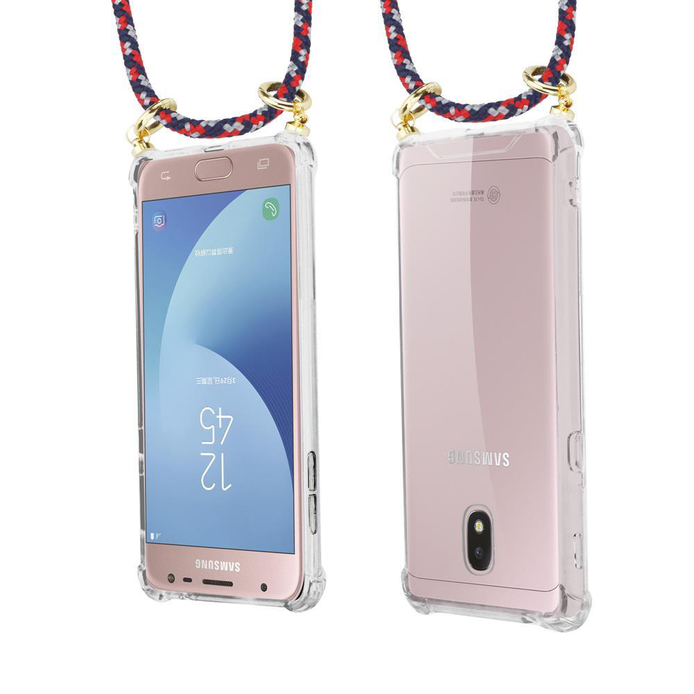Due telefoni Samsung rosa in custodie trasparenti con laccetti.