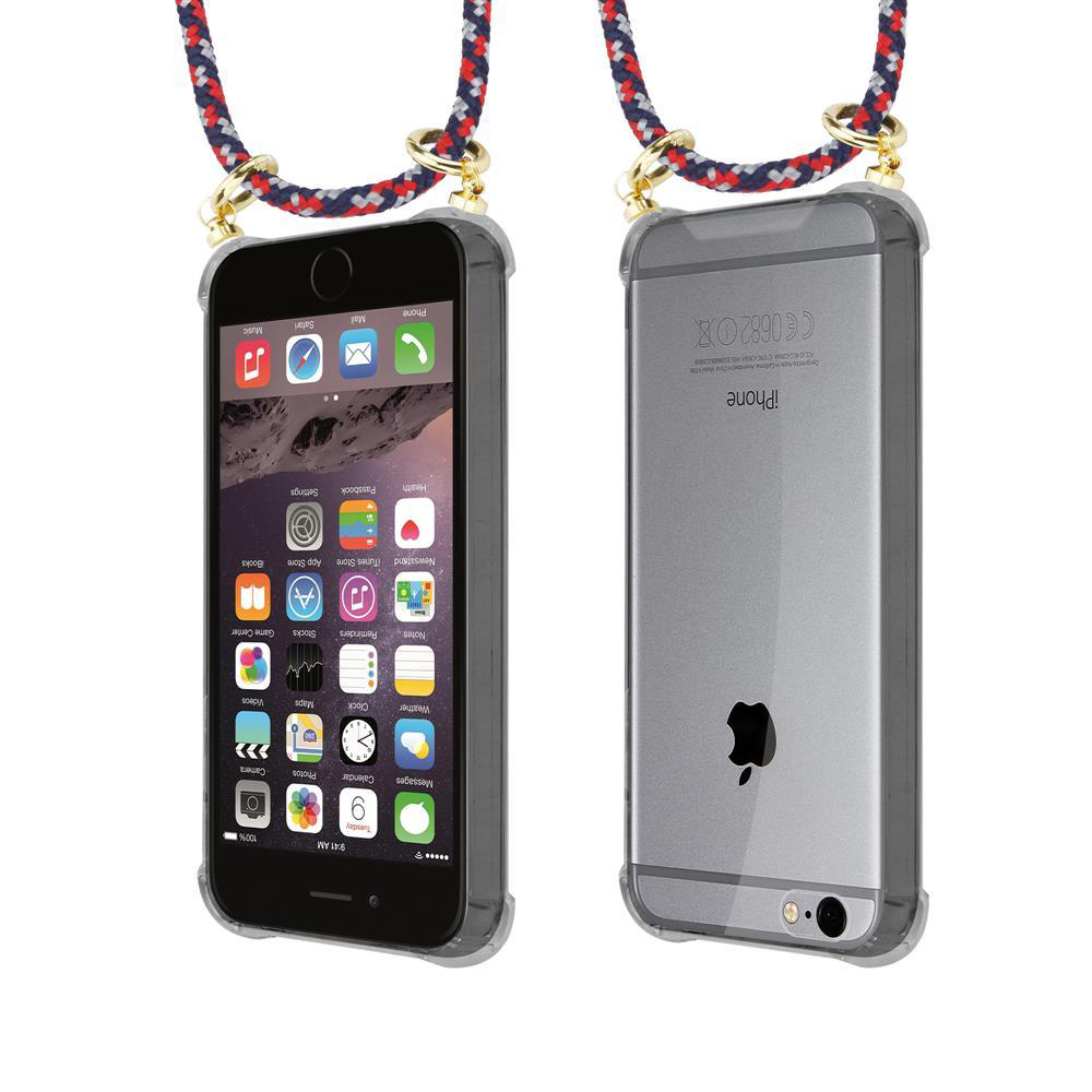 Un iPhone con custodia trasparente e cordino, vista frontale e posteriore.