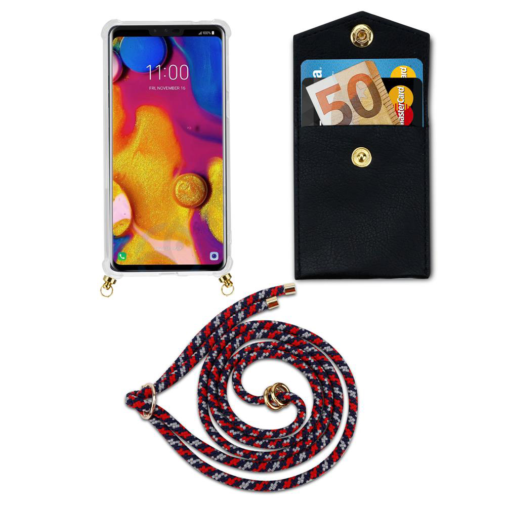Ein Smartphone mit Hülle, einer Brieftasche und einem Band auf weißem Hintergrund.