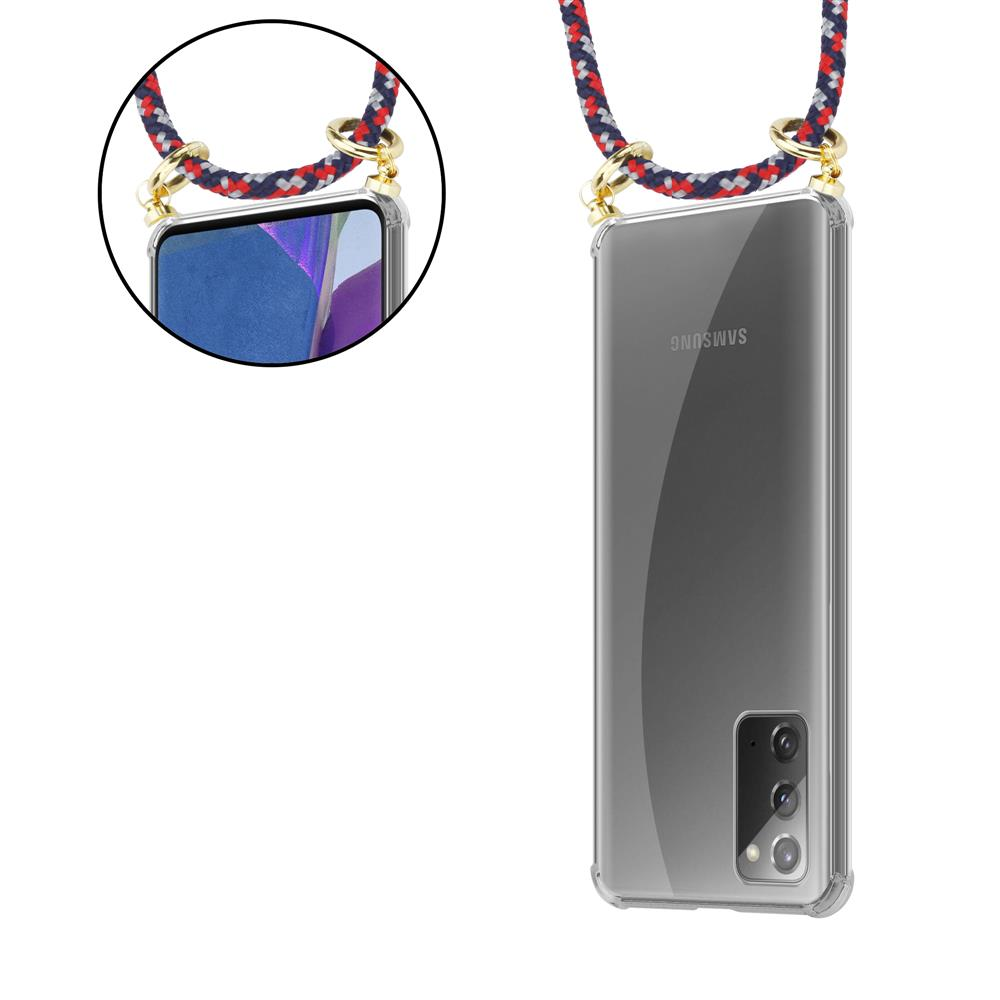 Un telefono Samsung trasparente con un laccetto colorato attaccato alla custodia.