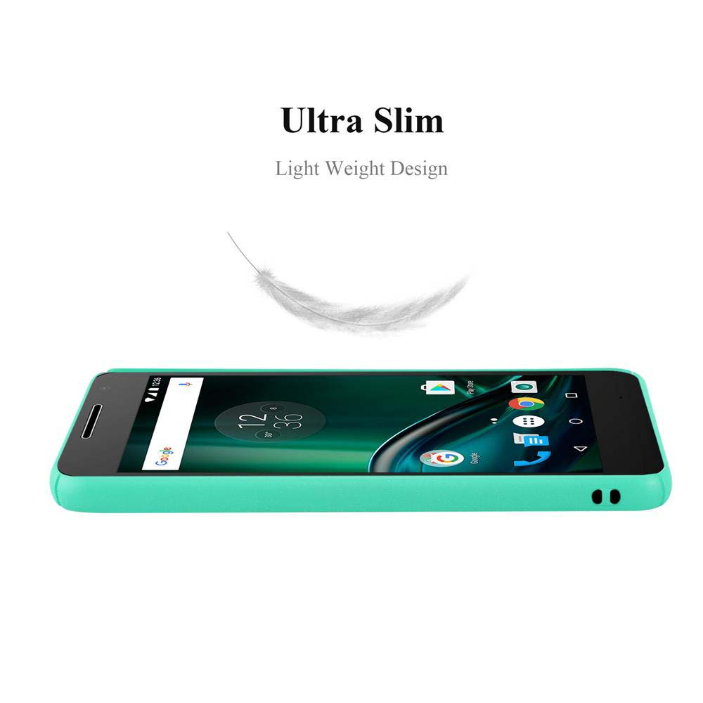 Uno smartphone ultrasottile e turchese con grafica a piuma e testo.