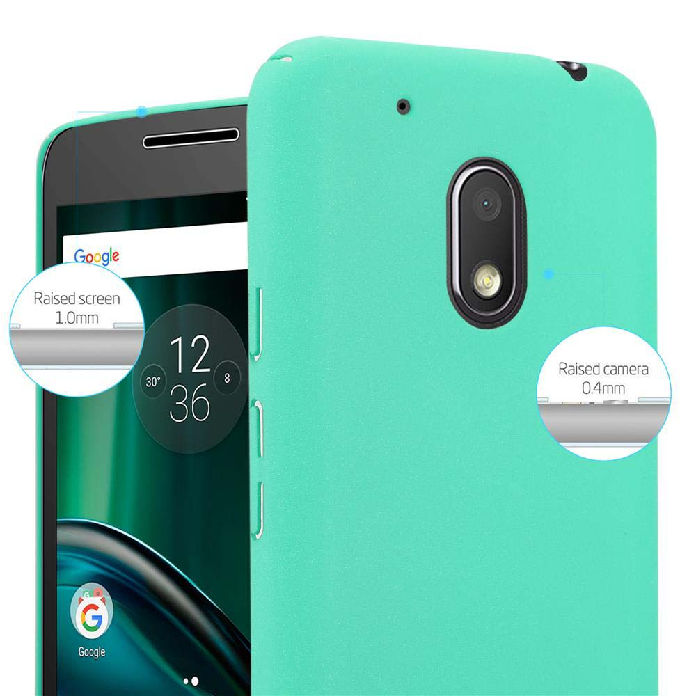 Una custodia turchese protegge uno smartphone con schermo Google. Vengono evidenziate le caratteristiche di schermo e fotocamera rialzati.