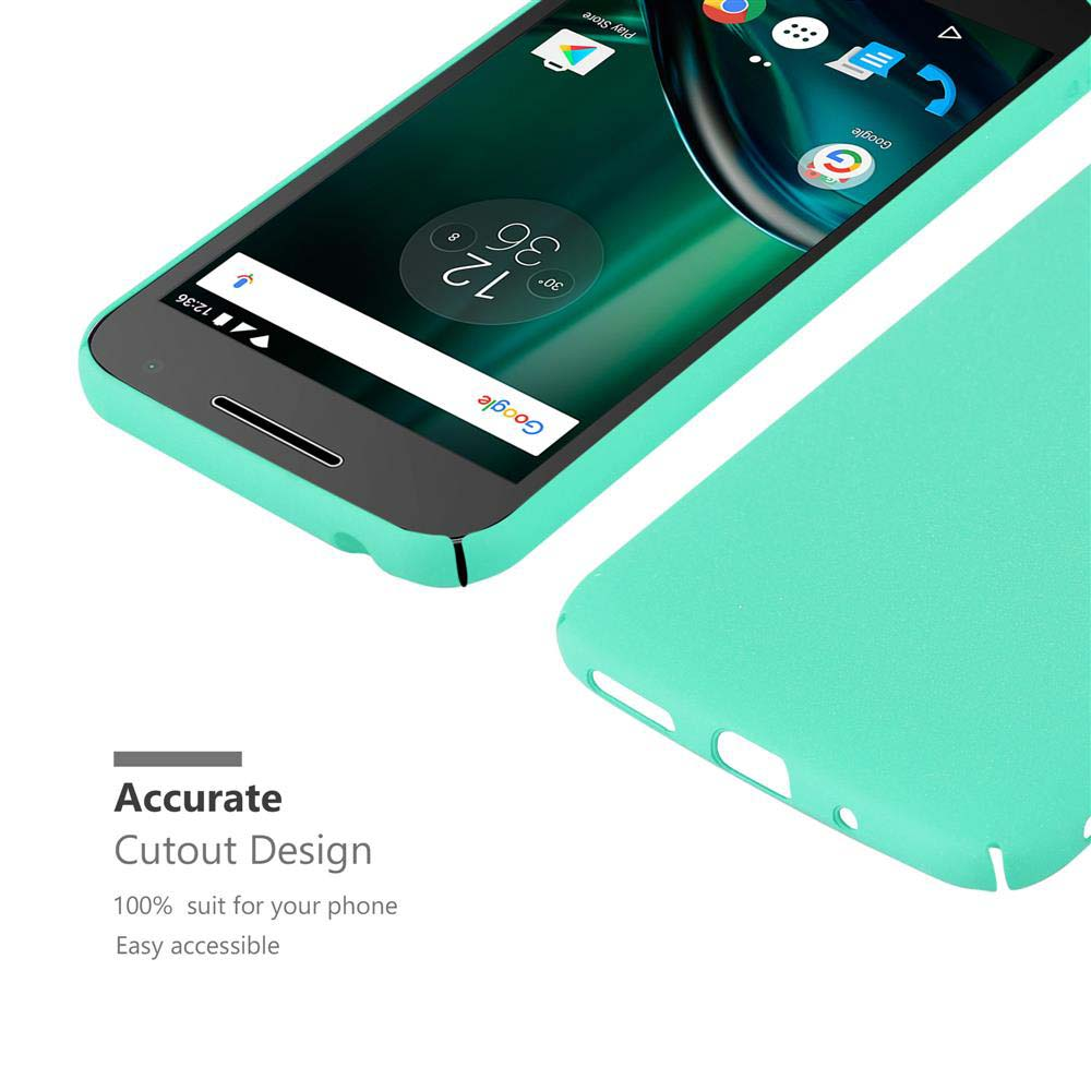 Un telefono turchese con custodia. Lo schermo mostra l'ora e le app.