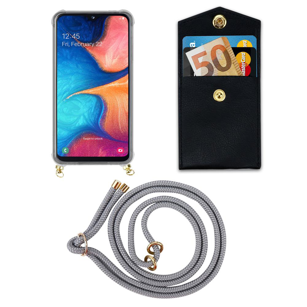 Smartphone con custodia, portafoglio con carte e soldi, e cordino.