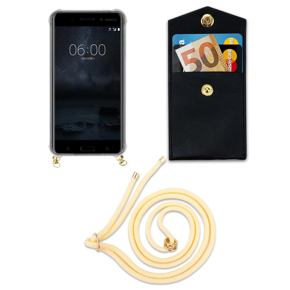 Ein Smartphone mit Hülle, ein schwarzes Kartenetui mit Geld und Karten, und eine Kordel.