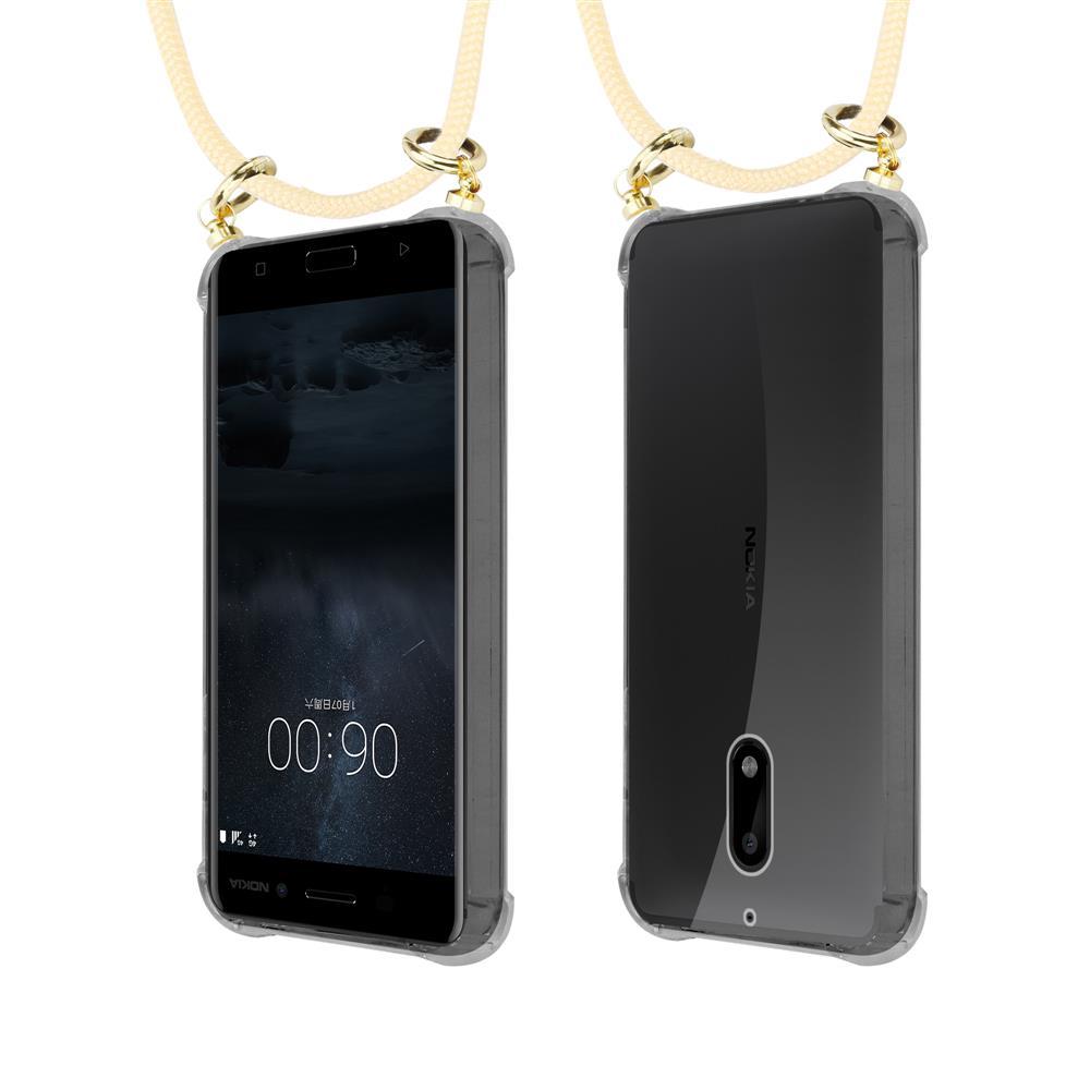 Zwei Ansichten eines transparenten Nokia-Handyhüllen mit Lanyard.
