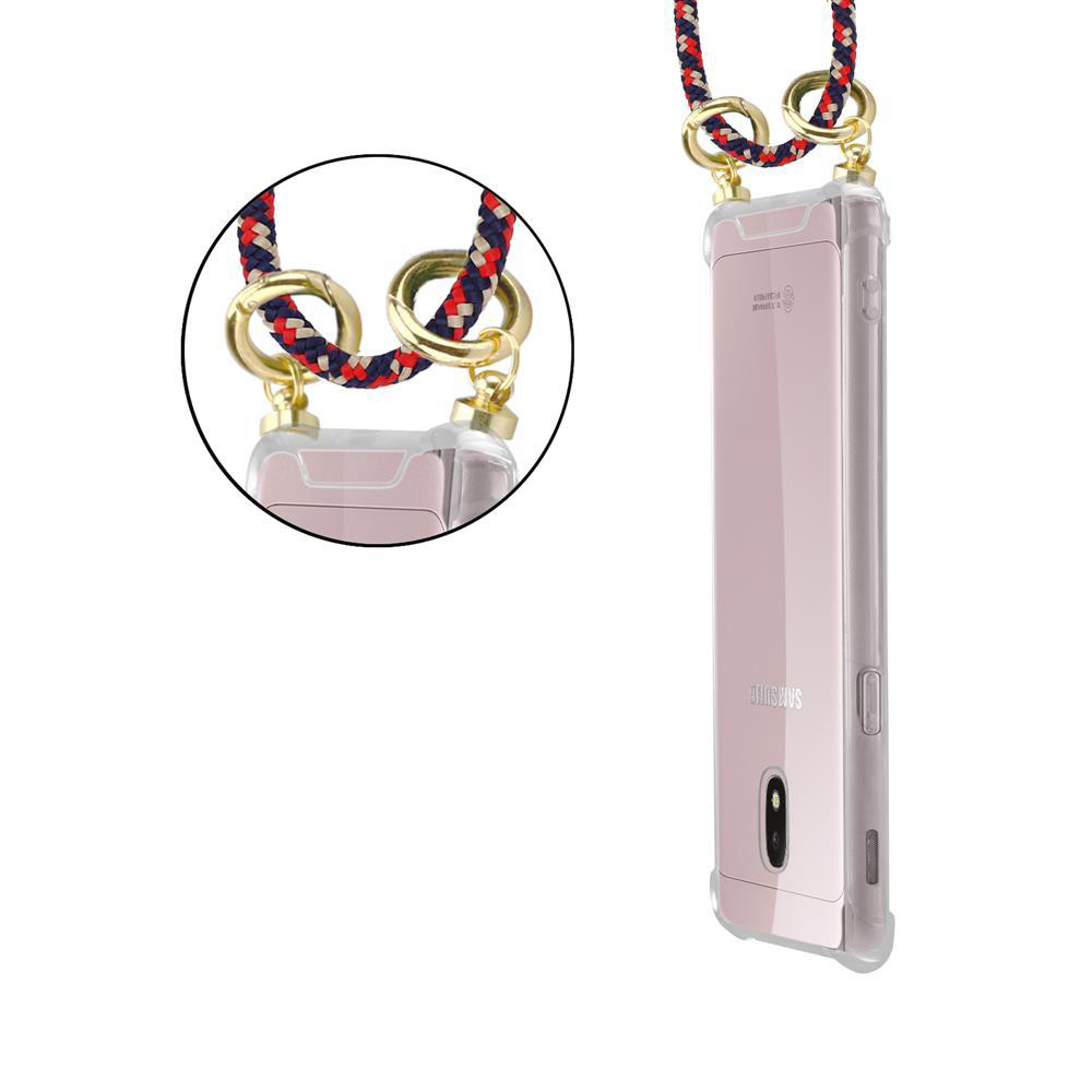 Un telefono rosa in custodia trasparente con cordino intrecciato.