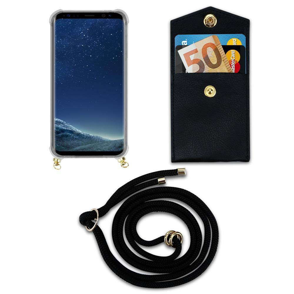Custodia nera per telefono con cordino, portafoglio con banconota da 50 euro e carte.