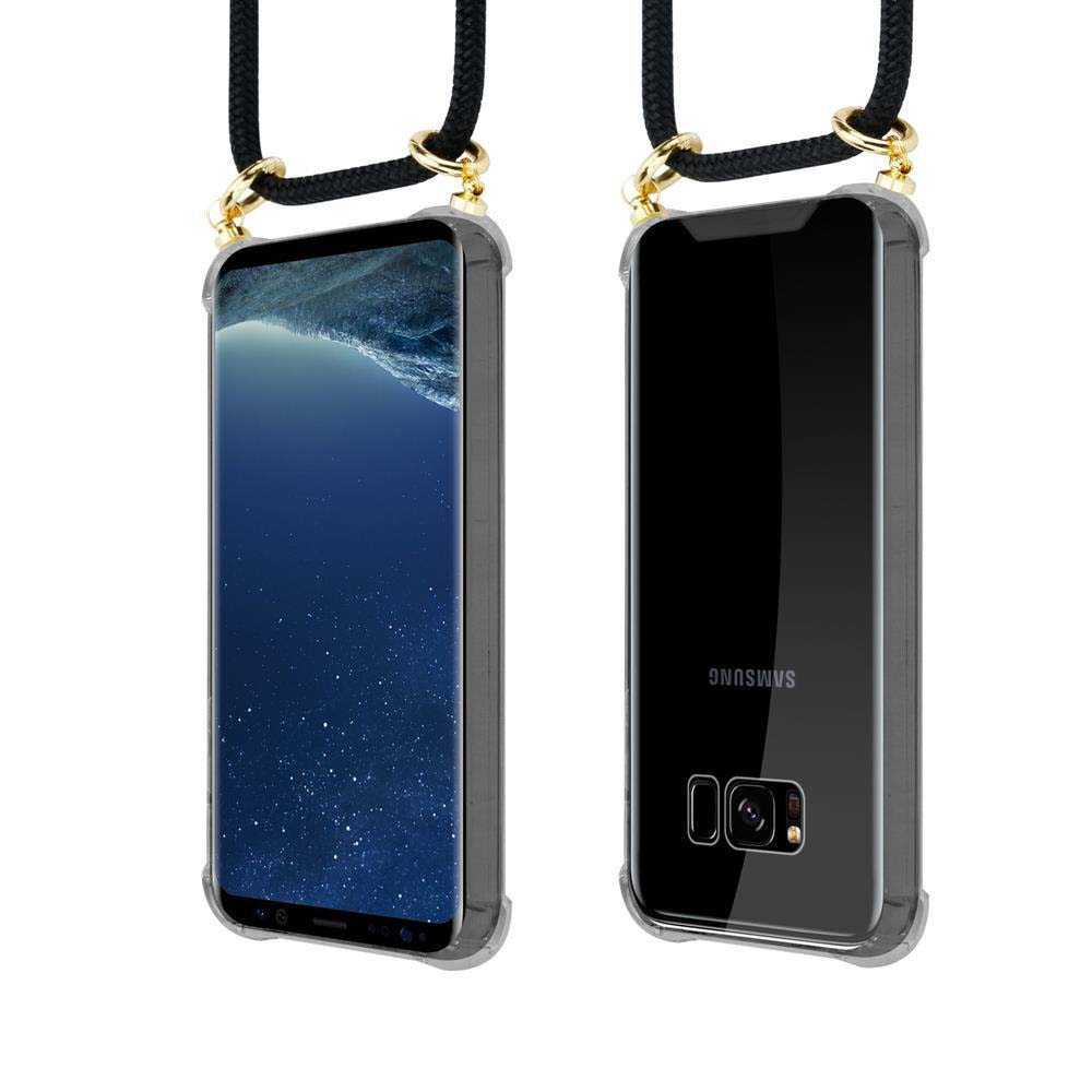 Due smartphone in custodie trasparenti con cordini neri e hardware dorato.