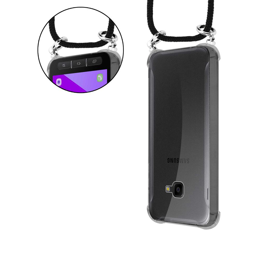 Uno smartphone Samsung in custodia trasparente con laccetto. Dettaglio schermo.