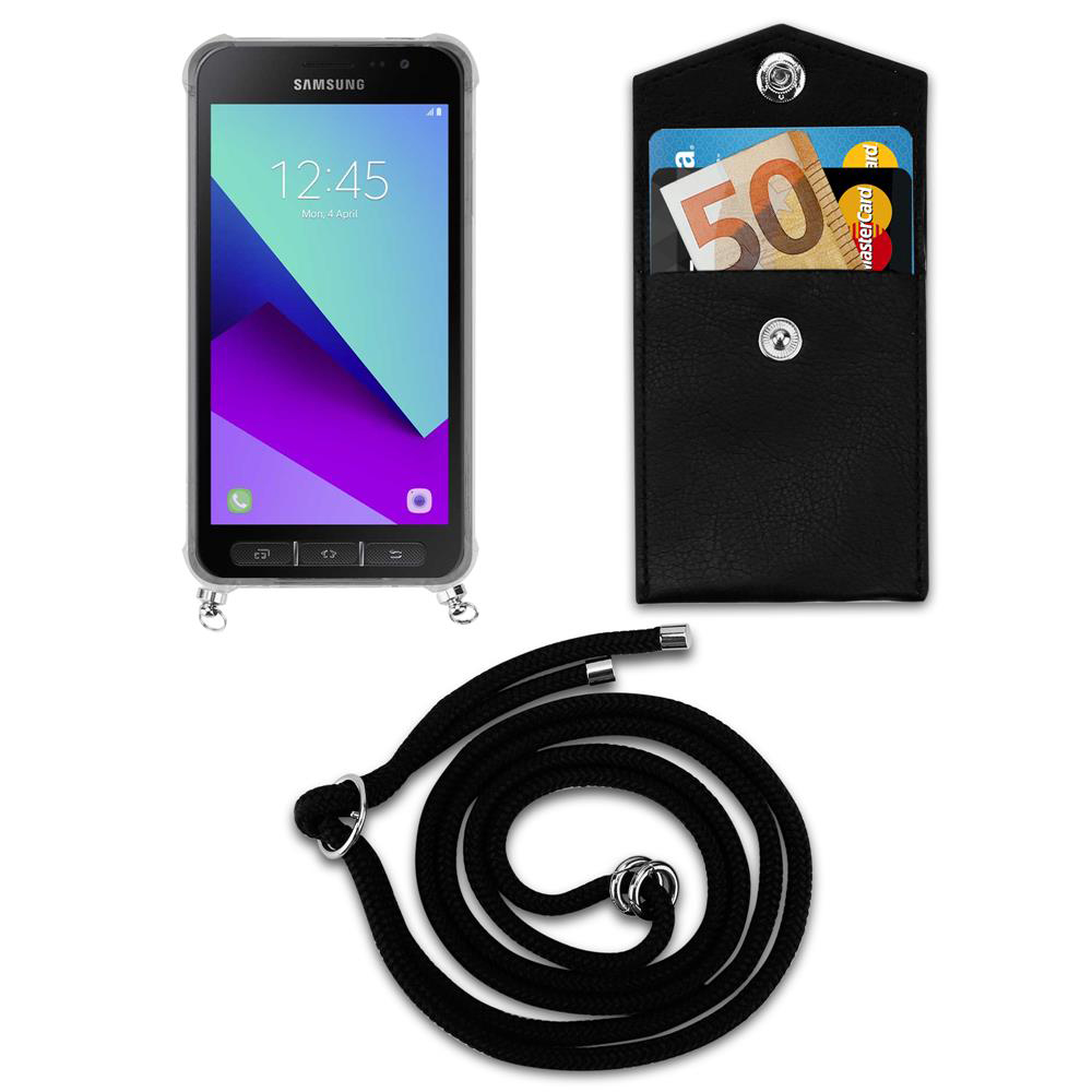 Uno smartphone Samsung, un portafoglio nero con una banconota da 50 euro e un laccio.