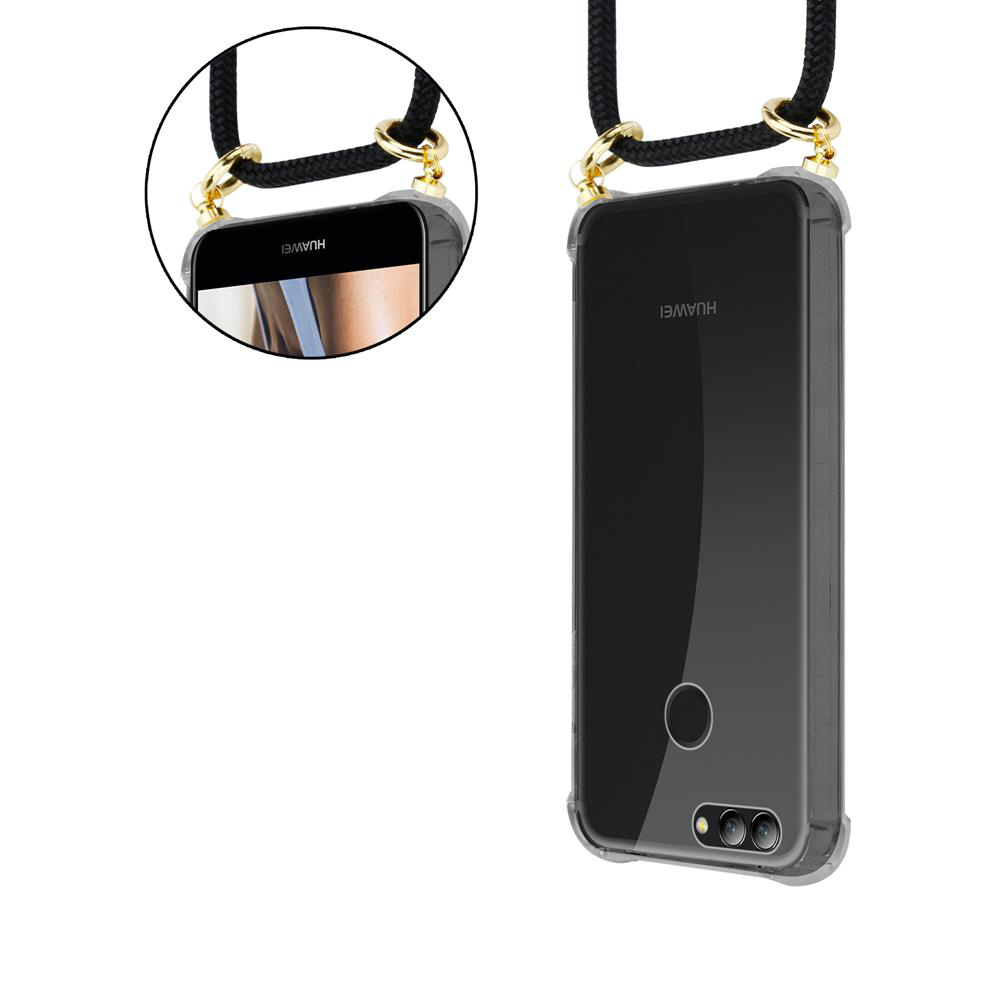 Due custodie trasparenti per telefono con laccetti neri e hardware dorato.