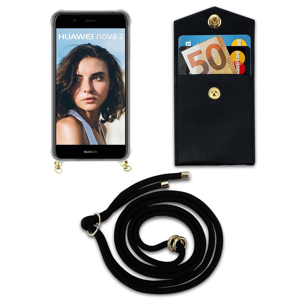 Custodia nera per telefono con cinturino, porta carte con banconota da 50 euro.